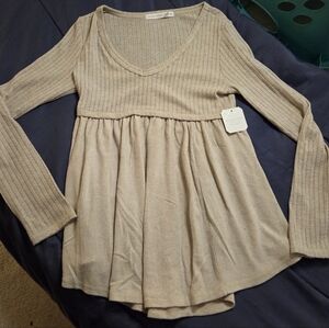 Altar'd State Light Beige Ribbed V-Neck Long Sleeve Babydoll Top